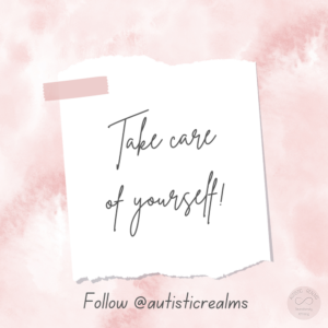 image of post it note on pink background. text: take care of yourself
