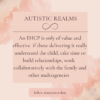 Peach background. Text reads: AUTISTIC REALMS An EHCP is only of value and effective if those delivering it really understand the child, take time to build relationships, work collaboratively with the family and other multiagencies follow @autisticrealms