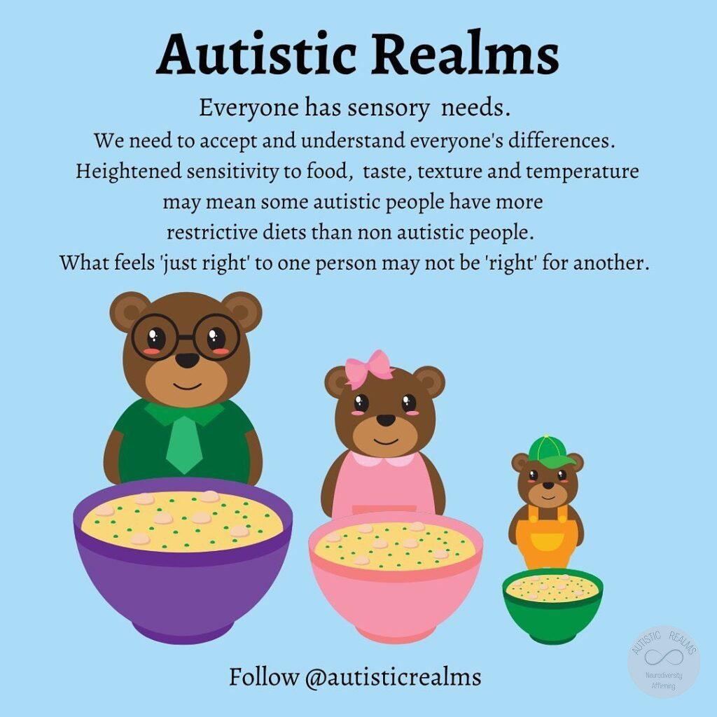 Photo of 3 bears with different bowls of porridge infront of them. Text: Autistic Realms Everyone has sensory needs. We need to accept and understand everyone's differences. Heightened sensitivity to food, taste, texture and temperature may mean some autistic people have more restrictive diets than non autistic people. What feels 'just right' to one person may not be 'right' for another.