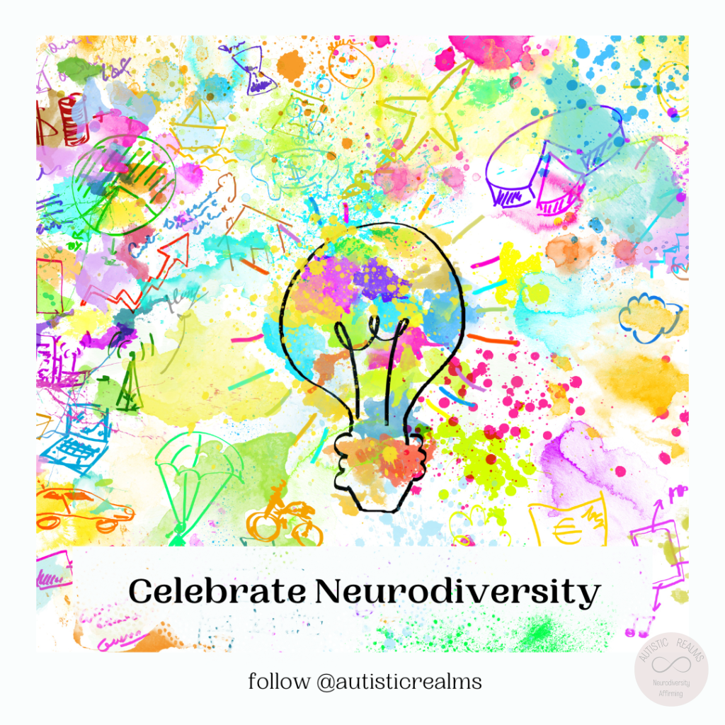 Celebrate Neurodiversity Image of light bulb and bright coloured shapes and images scattered across page