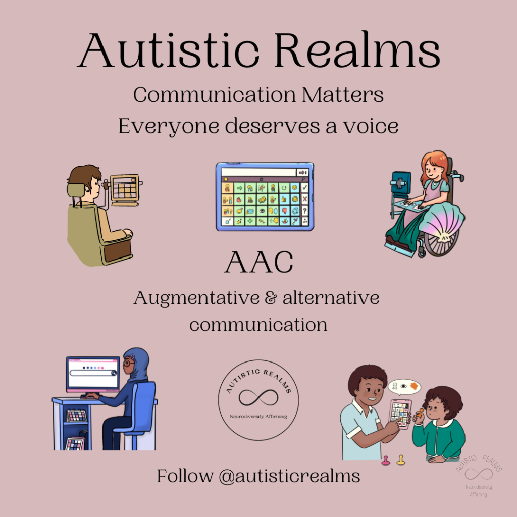 Images of person using eye gaze tech, AAC on laptop in wheelchair, sat at desk, using Ipad. Text: ment details Autistic Realms Communication Matters Everyone deserves a voice AAC Augmentative & alternative communication