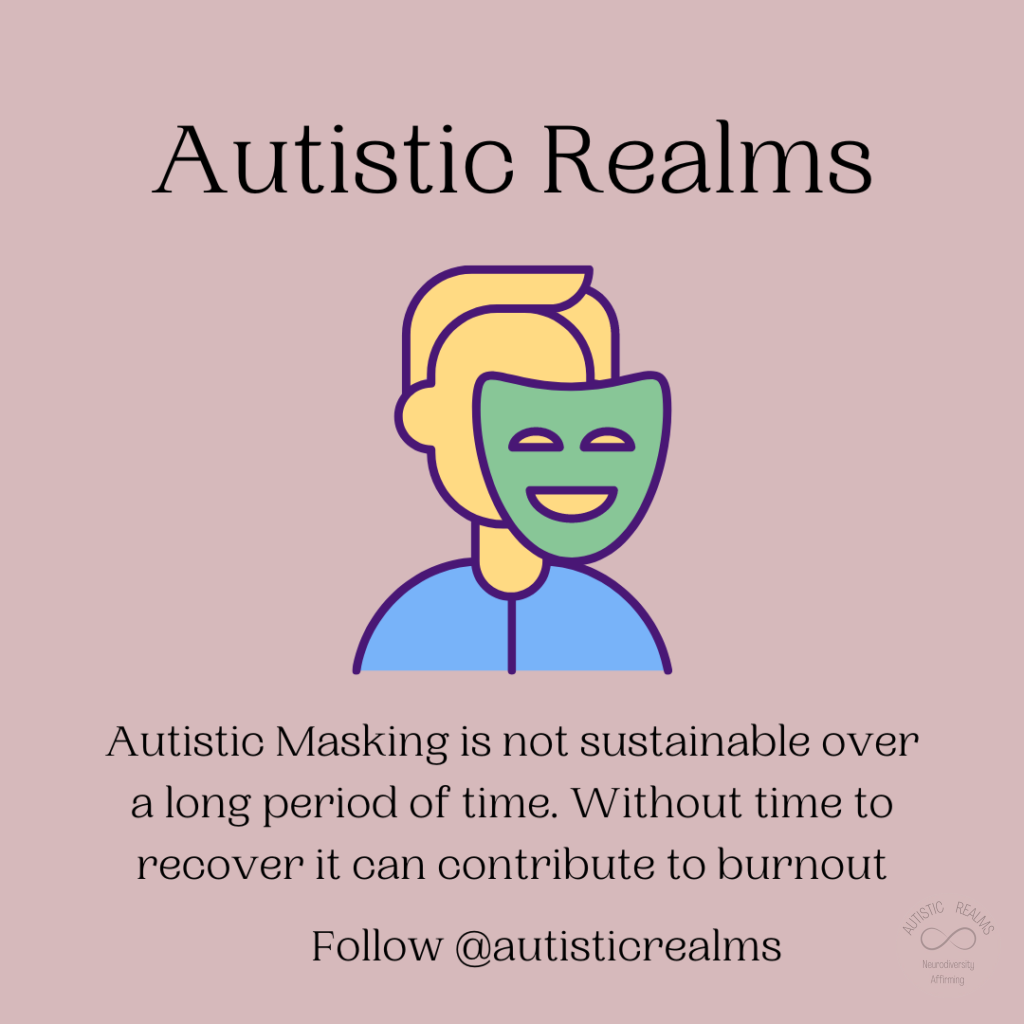 Image of person with mask. Text: Autistic Masking is not sustainable over a long period of time. Without time to recover it can contribute to burnout Follow @autisticrealms