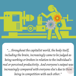 Image of machine and person with cogs inside them. Text: "Rise of the Machines" "...throughout the capitalist world, the body itself, including the brain, increasingly came to be judged as being working or broken in relation to the individual's real or perceived productivity. And everyone's output was increasingly compared with everyone else's due to them being in competition with each other." Chapman, R. (2023), Empire of Normality Neurodiversity and Capitalism, Pluto Press (page 32)