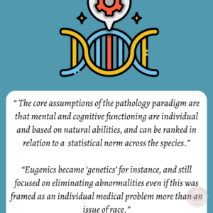 Image of cog and DNA Text: Chapman, R. (2023), Empire of Normality Neurodiversity and Capitalism, Pluto Press (page 64) "The Eugenics Movement" DIDA "The core assumptions of the pathology paradigm are that mental and cognitive functioning are individual and based on natural abilities, and can be ranked in relation to a statistical norm across the species." "Eugenics became 'genetics' for instance, and still focused on eliminating abnormalities even if this was framed as an individual medical problem more than an issue of race."