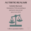 Image of scales Text reads: Autistic Burnout 'demands of life exceeding a person's resources' (Judy Endow 2015)