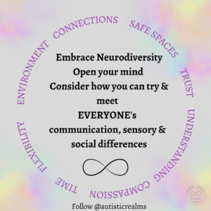 Pastel background with words in circle reading: Embrace Neurodiversity Open your mind Consider how you can try & meet EVERYONE'S communication, sensory & social differences.