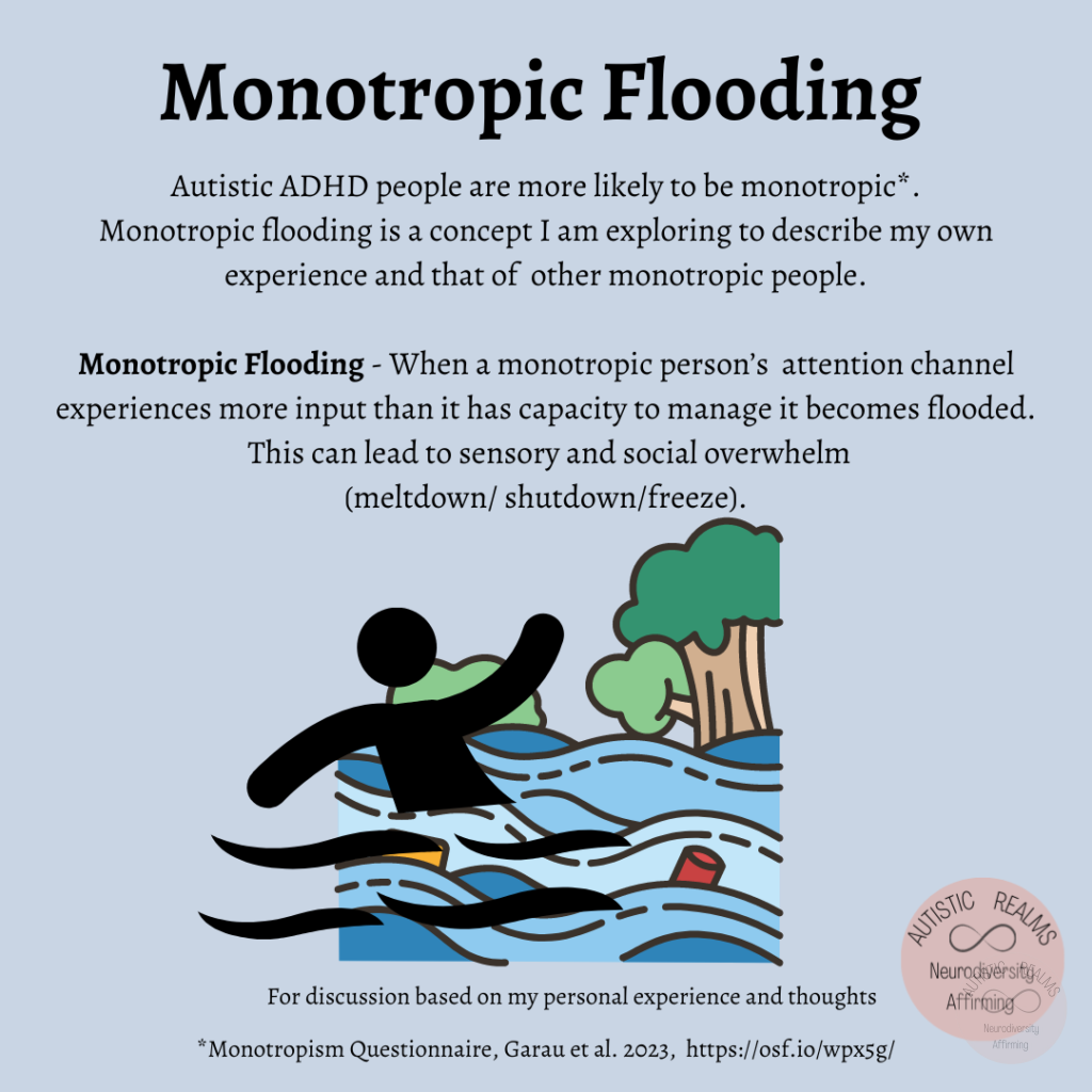 Image of person in river: Text: Monotropic Flooding Autistic ADHD people are more likely to be monotropic* Monotropic flooding is a concept I am exploring to describe my own experience and that of other monotropic people. Monotropic Flooding - When a monotropic person's attention channel experiences more input than it has capacity to manage it becomes flooded. This can lead to sensory and social overwhelm (meltdown/ shutdown/freeze). For discussion based on my personal experience and thoughts *Monotropism Questionnaire, Garau et al. 2023, https://osf.io/wpx5g/