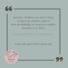 Quote: Autistic children are more likely to have an autistic parent 83% heritability in research studies (Sandin et al 2017) Sandin, S., Lichtenstein, P., Kuja-Halkola, R., Hultman, C., Larsson, H., & Reichenberg, A. (2017). The heritability of autism spectrum disorder. JAMA, 318(12), 1182. https://doi.org/10.1001/jama.2017.12141 FOLLOW @AUTISTICREALMS
