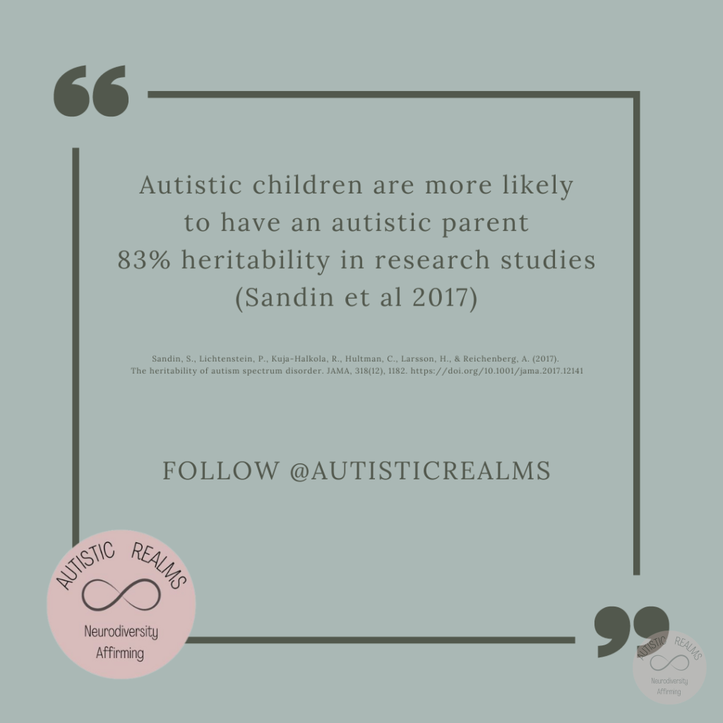 Quote: Autistic children are more likely to have an autistic parent 83% heritability in research studies (Sandin et al 2017) Sandin, S., Lichtenstein, P., Kuja-Halkola, R., Hultman, C., Larsson, H., & Reichenberg, A. (2017). The heritability of autism spectrum disorder. JAMA, 318(12), 1182. https://doi.org/10.1001/jama.2017.12141 FOLLOW @AUTISTICREALMS