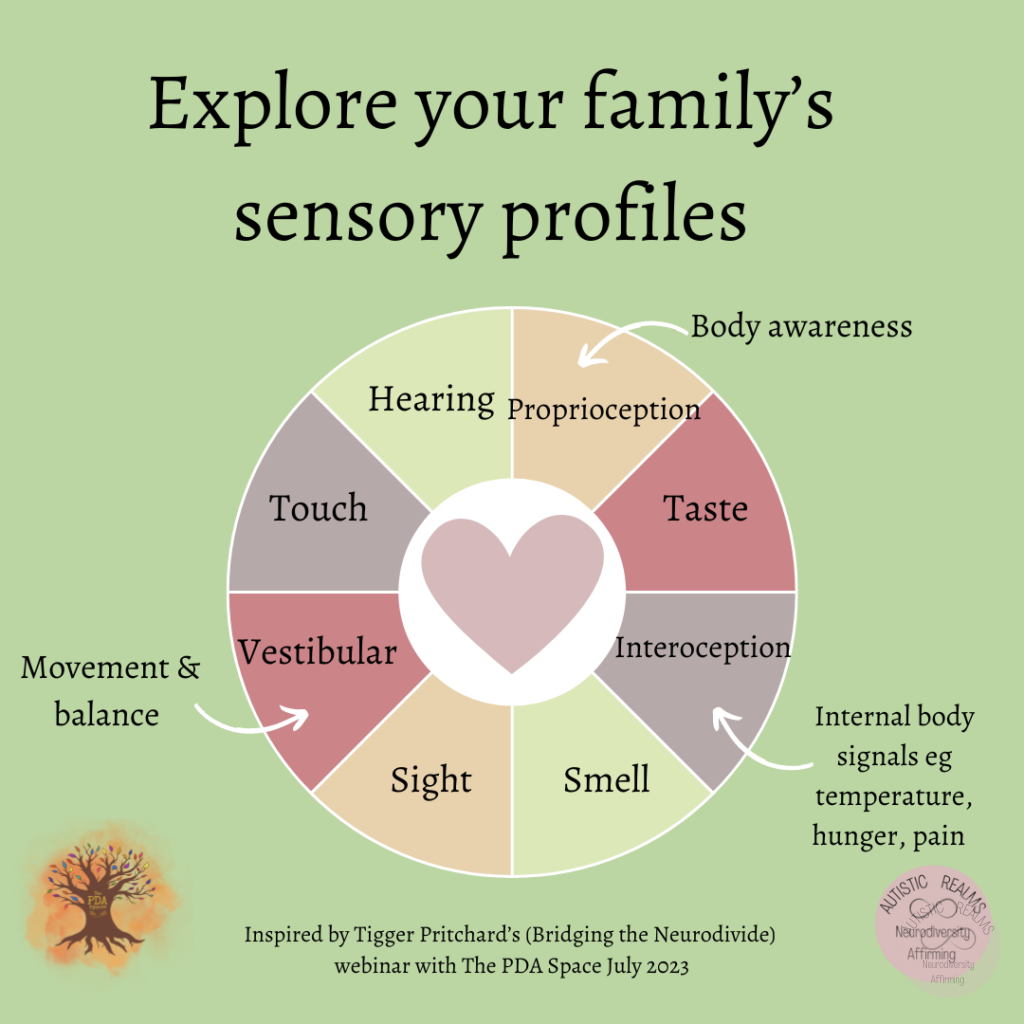 Image of circle with senses in written text: Hearing Touch Body awareness - Proprioception Interoception - Smell Internal body signals eg temperature, hunger, pain. Sight, Smell, Movement & balance Vestibular, Touch. Inspired by Tigger Pritchard's (Bridging the Neurodivide) webinar with The PDA Space July 2023