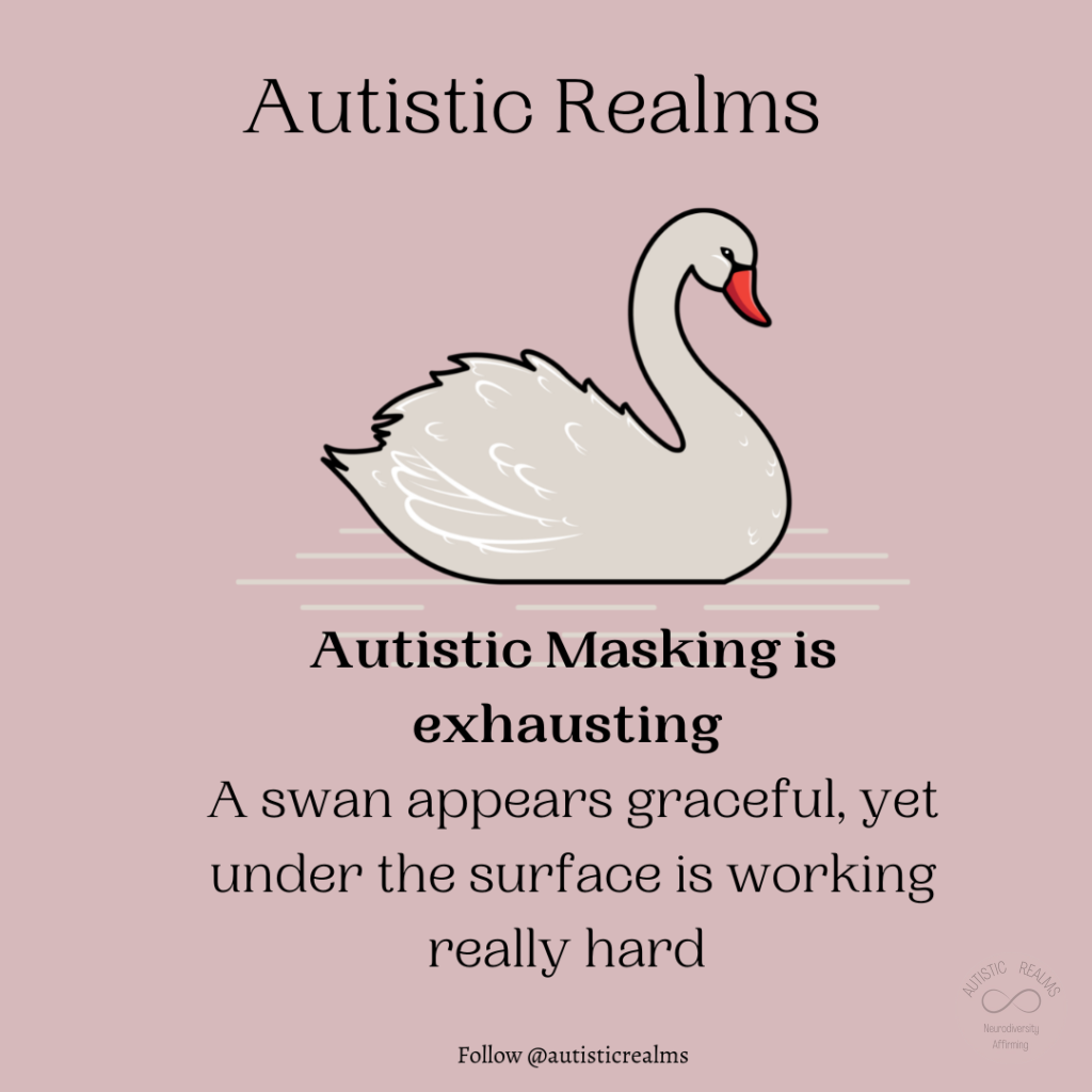 Image of swan. Text: Autistic Realms Autistic Masking is exhausting A swan appears graceful, yet under the surface is working really hard Follow @autisticrealms
