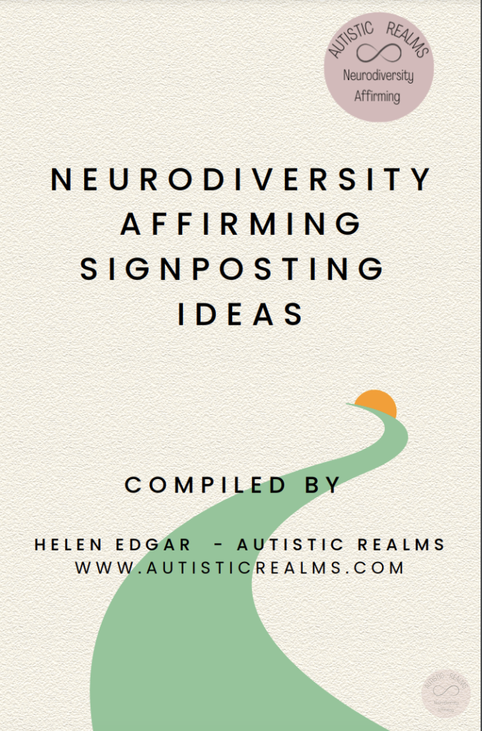Image of green path and orange sun Text: NEURODIVERSITY AFFIRMING SIGNPOSTING IDEAS
