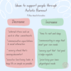 Ideas to support people through Autistic Burnout Table: Decrease *external stress such as work & other commitments communication expectations & social interaction * sensory stimuli that s causing discomfort * executive functioning tasks & keep lite as simple as possible Increase *time to rest and sleep "communicating in ways that meet your own needs *sensory input that feel good & helps regulate * prioritising your basic physiological needs