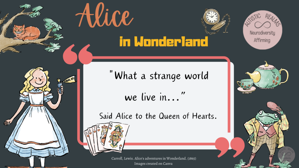 Images from Alice in Wonderland Text reads: "What a strange world we live in..." Said Alice to the Queen of Hearts. Carroll, Lewis. Alice's adventures in Wonderland. (1865) Images created on Canva