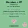 Green background Text: Alternatives to CBT Talking therapy & CBT is not the only option. If you are neurodivergent, it may be worth exploring other options that allow more flexibility & may provide a greater understanding of differences in communication style and processing. Follow Helen Edgar @Autisticrealms & Lisa Chapman @CommonSenseSLT