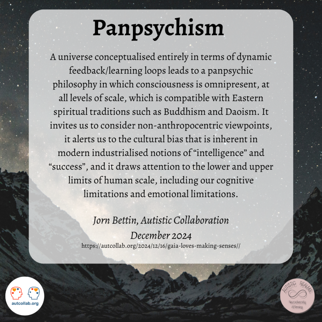 Image of night sky Text: Panpsychism A universe conceptualised entirely in terms of dynamic feedback/learning loops leads to a panpsychic philosophy in which consciousness is omnipresent, at all levels of scale, which is compatible with Eastern spiritual traditions such as Buddhism and Daoism. It invites us to consider non-anthropocentric viewpoints, it alerts us to the cultural bias that is inherent in modern industrialised notions of "intelligence" and "success", and it draws attention to the lower and upper limits of human scale, including our cognitive limitations and emotional limitations. Jorn Bettin, Autistic Collaboration December 2024 https://autcollab.org/2024/12/16/gaia-loves-making-senses//