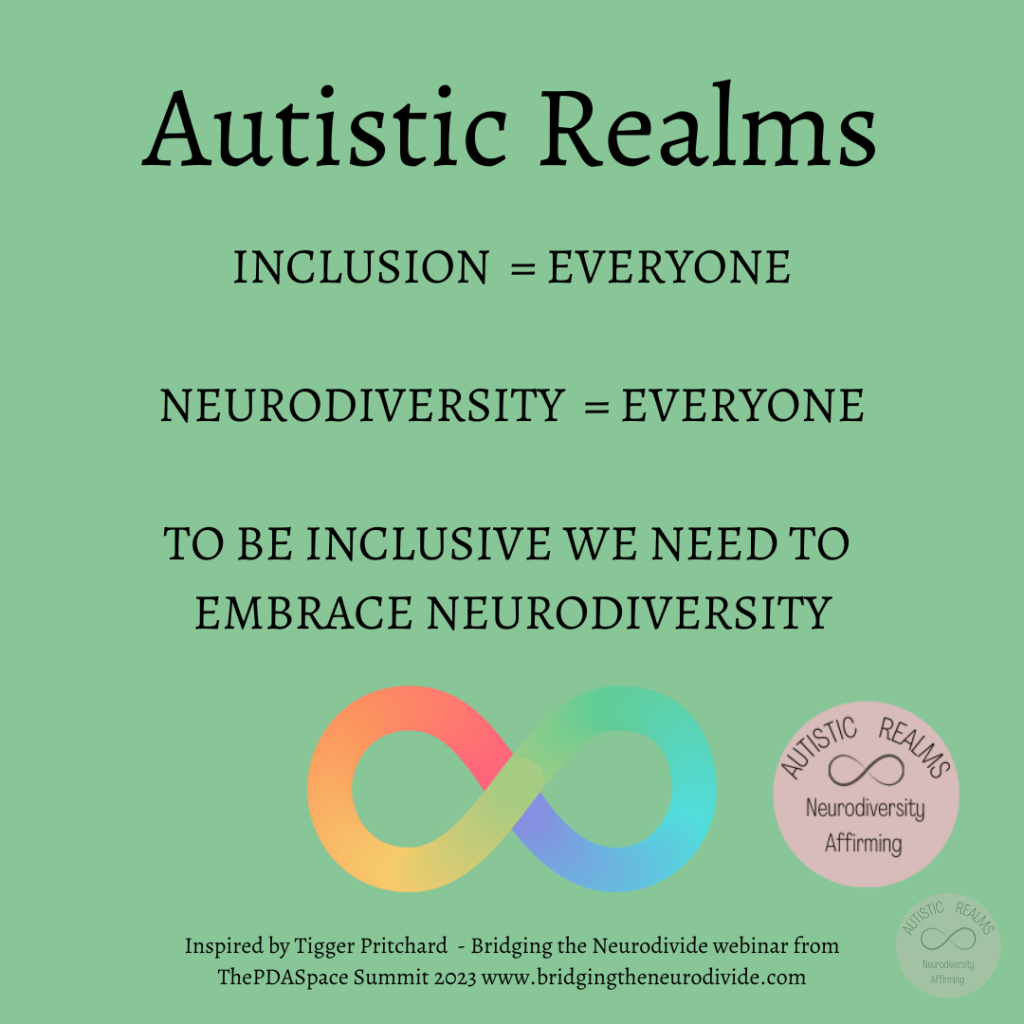 Green background with rainbow infinity symbol Text: Autistic Realms INCLUSION = EVERYONE NEURODIVERSITY = EVERYONE TO BE INCLUSIVE WE NEED TO EMBRACE NEURODIVERSITY Inspired by Tigger Pritchard - Bridging the Neurodivide webinar from ThePDASpace Summit 2023 www.bridgingtheneurodivide.com