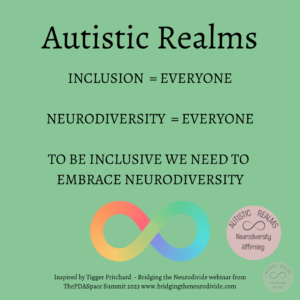 Green background with rainbow infinity symbol Text: Autistic Realms INCLUSION = EVERYONE NEURODIVERSITY = EVERYONE TO BE INCLUSIVE WE NEED TO EMBRACE NEURODIVERSITY Inspired by Tigger Pritchard - Bridging the Neurodivide webinar from ThePDASpace Summit 2023 www.bridgingtheneurodivide.com