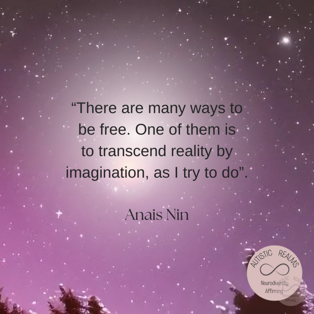 Image: Purple night sky Text: "There are many ways to be free. One of them is to transcend reality by imagination, as I try to do" Anais Nin