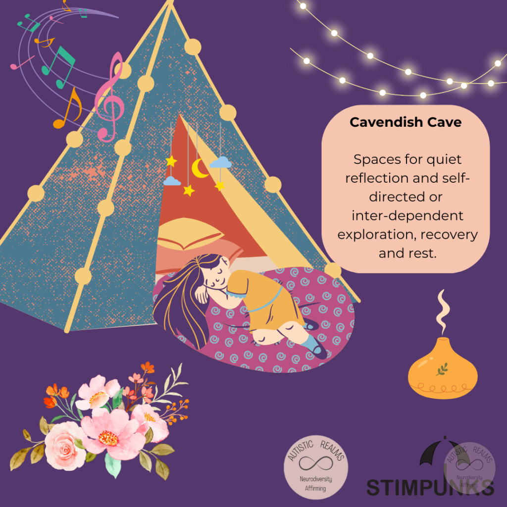 Image: tent, fairy lights, person lying on beanbag, incense, flowers, music Text: Cavendish Cave Spaces for quiet reflection and self- directed or inter-dependent exploration, recovery and rest.