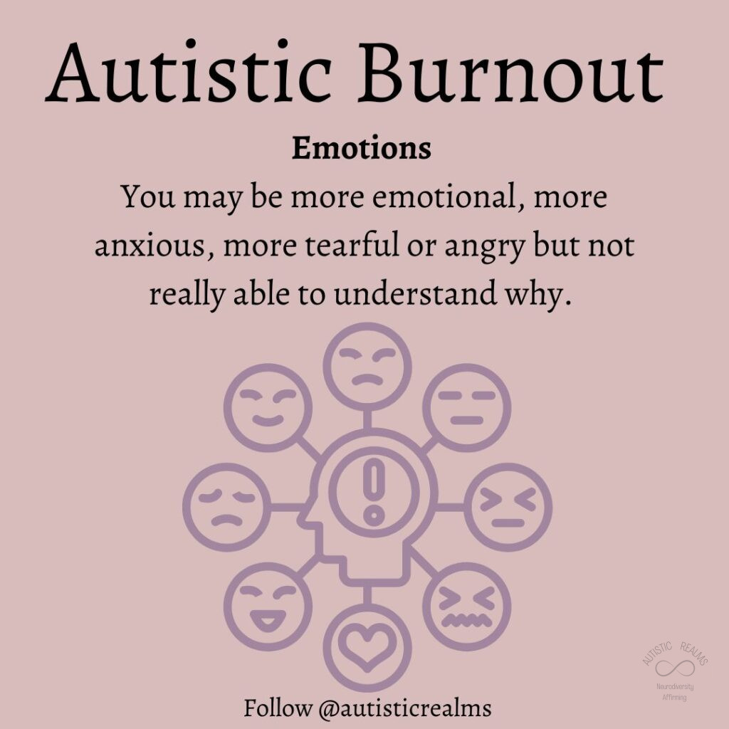 Image of head with different facial expressions around it Text: Autistic Burnout Emotions You may be more emotional, more anxious, more tearful or angry but not really able to understand why.