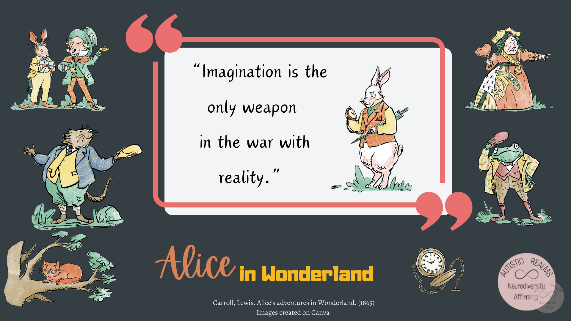 Images from Alice in Wonderland Text reads: "Imagination is the only weapon in the war with reality."