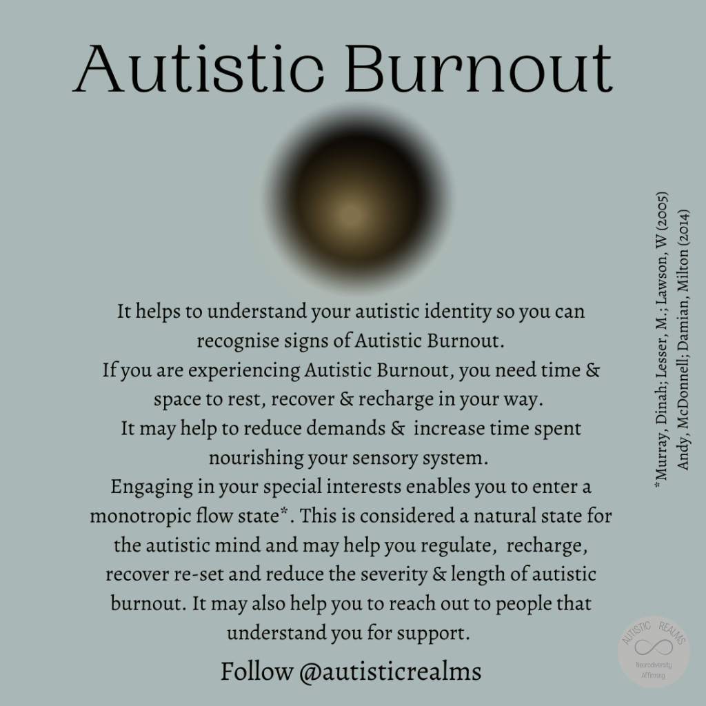 Image of hazy black dot Text: It helps to understand your autistic identity so you can recognise signs of Autistic Burnout. If you are experiencing Autistic Burnout, you need time & space to rest, recover & recharge in your way. It may help to reduce demands & increase time spent nourishing your sensory system. Engaging in your special interests enables you to enter a monotropic flow state". This is considered a natural state for the autistic mind and may help you regulate, recharge, recover re-set and reduce the severity & length of autistic burnout. It may also help you to reach out to people that understand you for support. Follow @autisticrealms. Autistic Burnout * Murray, Dinah; Lesser, M.; Lawson, W (2005) Andy, McDonnell; Damian, Milton (2014)