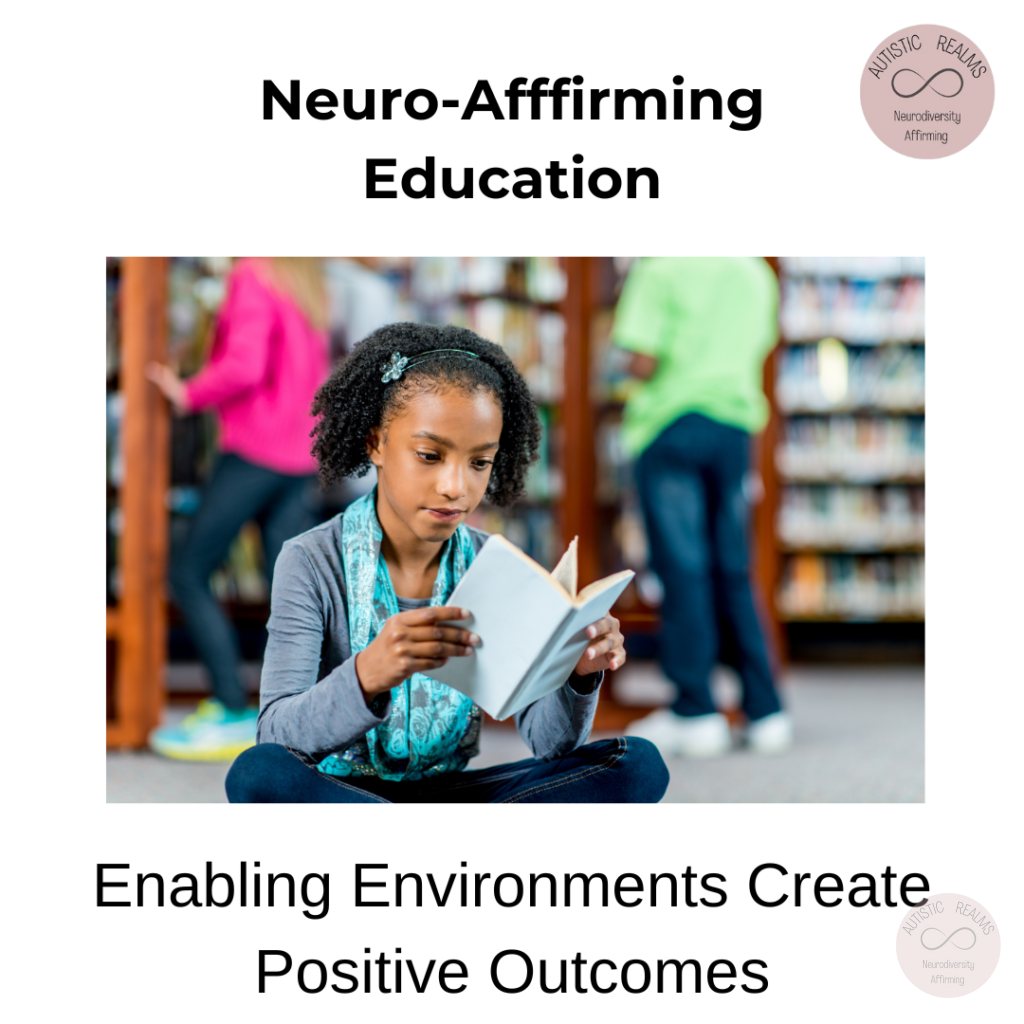 Image of child sat on floor reading Text: Neuro-Afffirming Education Enabling Environments Create Positive Outcomes
