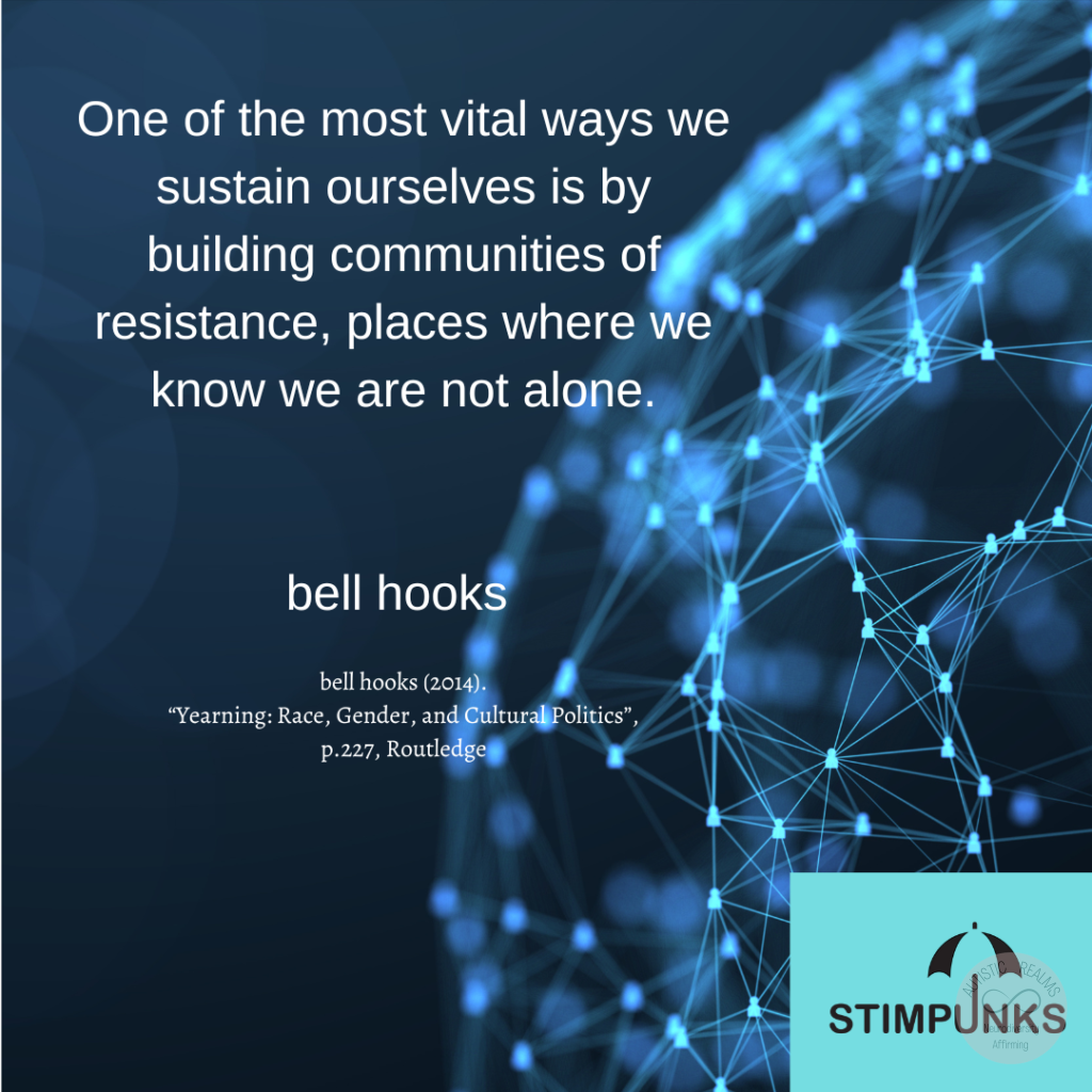 image of globe with light up connections Text: One of the most vital ways we sustain ourselves is by building communities of resistance, places where we know we are not alone. bell hooks bell hooks (2014). "Yearning: Race, Gender, and Cultural Politics", p.227, Routledge