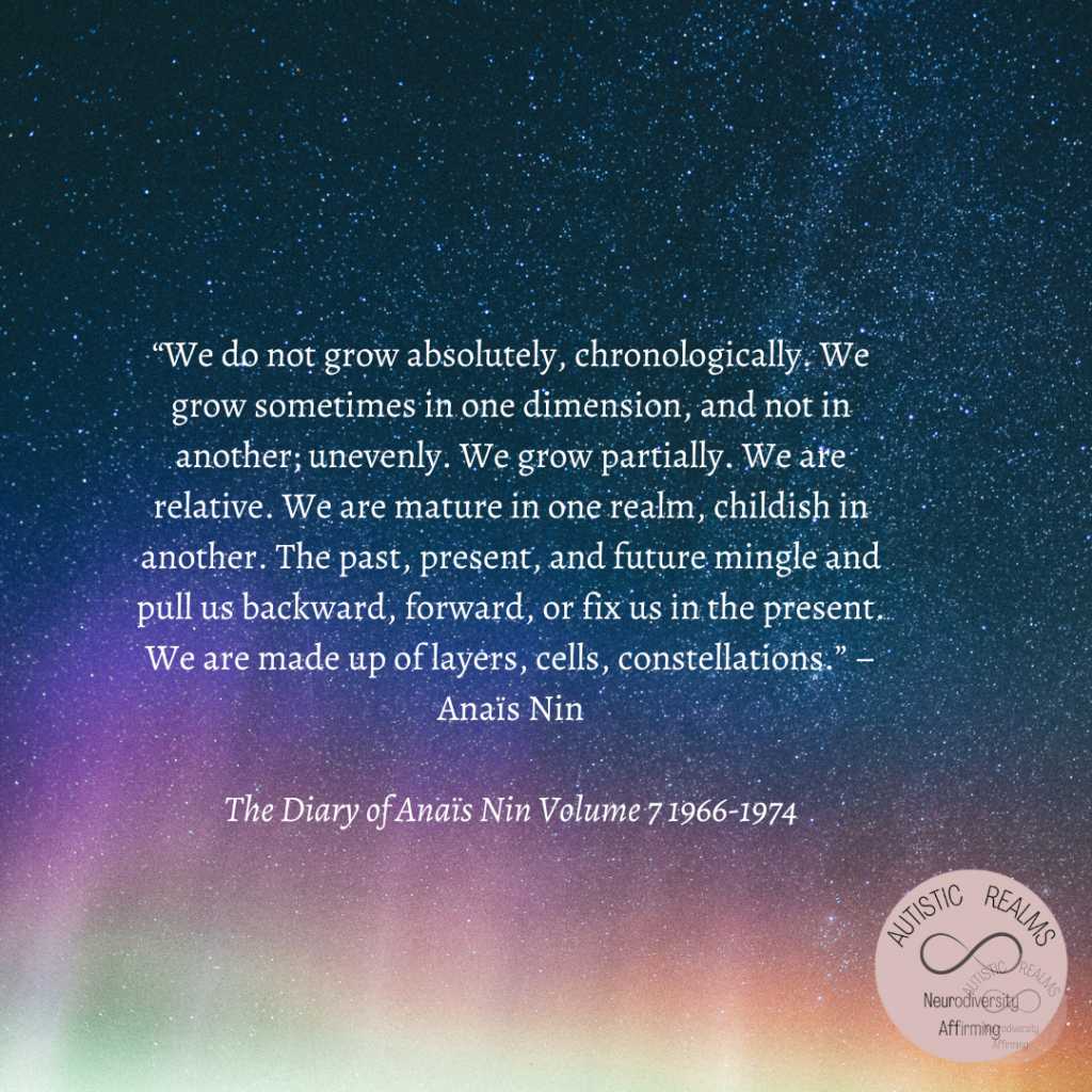 Image of Aurora Text: "We do not grow absolutely, chronologically. We grow sometimes in one dimension, and not in another; unevenly. We grow partially. We are relative. We are mature in one realm, childish in another. The past, present, and future mingle and pull us backward, forward, or fix us in the present. We are made up of layers, cells, constellations." - Anaïs Nin The Diary of Anaïs Nin Volume 7 1966-1974