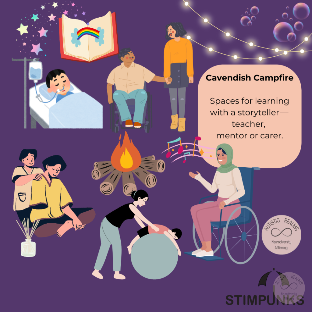 Image: people in wheelchair, physio , in hospital bed, having massage, holding hands, music, stars, fire Text: Cavendish Campfire Spaces for learning with a storyteller— teacher, mentor or carer.