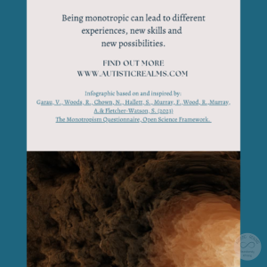 Image light through cave Text: Monotropism If you're autistic/ ADHD/ AuDHD you're more likely to be monotropic. (Garau et al., 2023) Being monotropic can lead to different experiences, new skills and new possibilities. FIND OUT MOREI WWW.AUTISTICREALMS.COM Infographic based on and inspired by: Garay, V. Woods, R. Chown, N.,Hallet, S. Murray, E. Wood, R. Murray, A. & Fletcher-Warson, S. (2023) The Monotrepism Questionnaire, Open Science Framework.