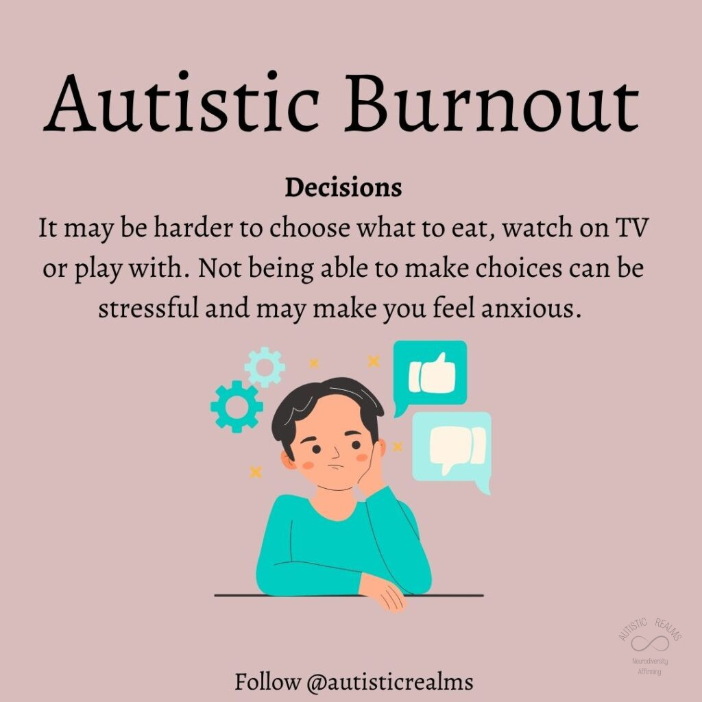 Image person thinking Text: Autistic Burnout Decisions It may be harder to choose what to eat, watch on TV or play with. Not being able to make choices can be stressful and may make you feel anxious.