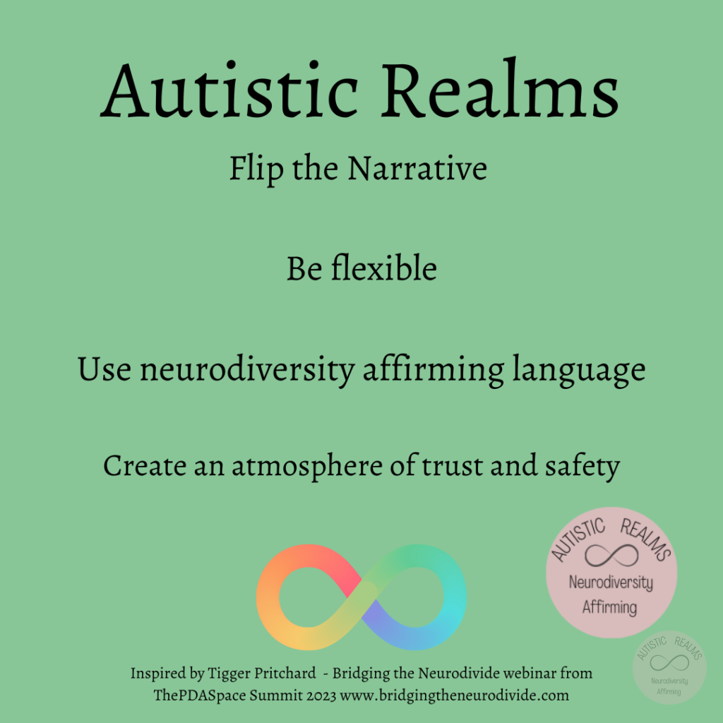 Green background with rainbow infinity symbol Text: Autistic Realms Flip the Narrative Be flexible Use neurodiversity affirming language Create an atmosphere of trust and safety Inspired by Tigger Pritchard - Bridging the Neurodivide webinar from ThePDASpace Summit 2023 www.bridgingtheneurodivide.com