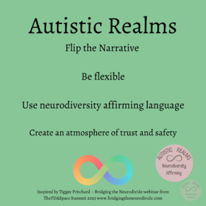 Green background with rainbow infinity symbol Text: Autistic Realms Flip the Narrative Be flexible Use neurodiversity affirming language Create an atmosphere of trust and safety Inspired by Tigger Pritchard - Bridging the Neurodivide webinar from ThePDASpace Summit 2023 www.bridgingtheneurodivide.com