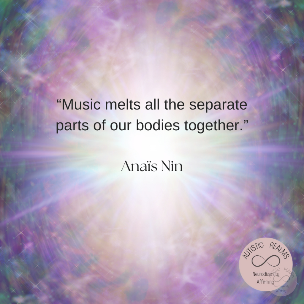 Image: Rainbow coloured glow Text: "Music melts all the separate parts of our bodies together." Anaïs Nin
