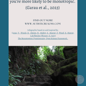 Image: Woodland path Text: Monotropism If you're autistic/ ADHD/ AuDHD you're more likely to be monotropic. (Garau et al., 2023) FIND OUT MORE WWW.AUTISTICREALMS.COM Infographic based on and inspired by: Garay, V. Woods, R. Chown, N.,Hallet, S. Murray, E. Wood, R. Murray, A.& Fletcher-Warson, S. (2023) The Monotrepism Questionnaire, Open Science Framework.