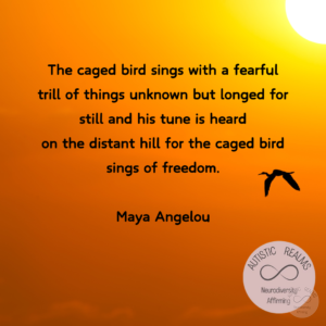 Image of sunset and bird Text: The caged bird sings with a fearful trill of things unknown but longed for still and his tune is heard on the distant hill for the caged bird sings of freedom. Maya Angelou