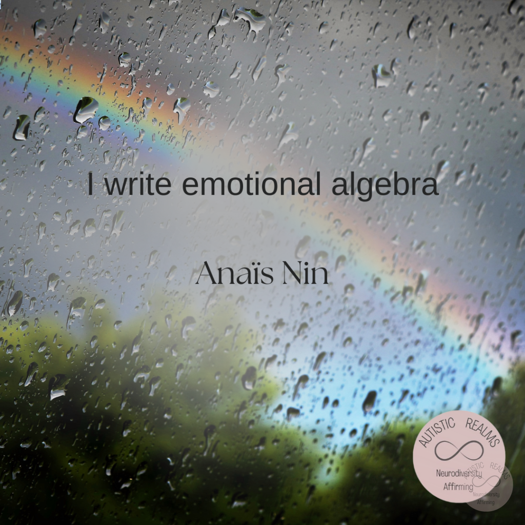 Image of rainbow behind rainy window Text: I write emotional algebra Anaïs Nin