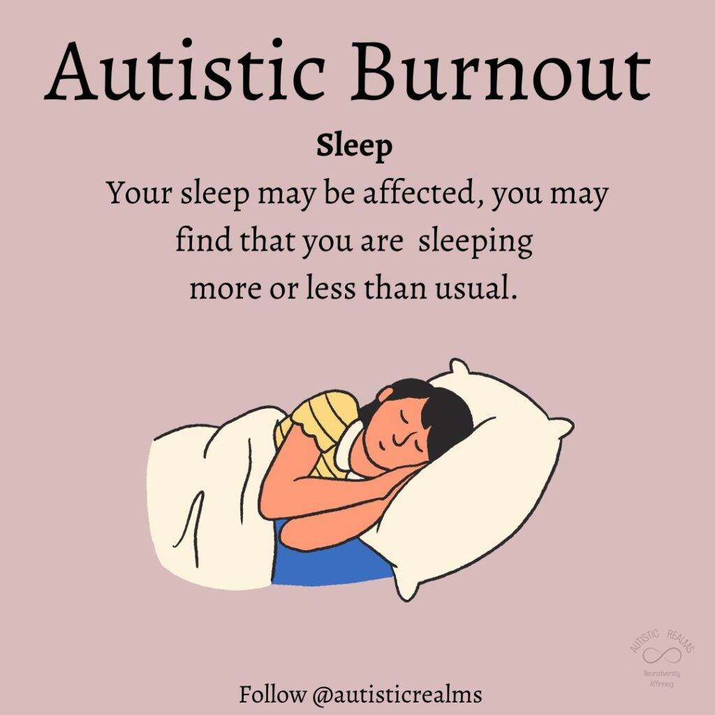 Image: person sleeping Text: Autistic Burnout Sleep Your sleep may be affected, you may find that you are sleeping more or less than usual.
