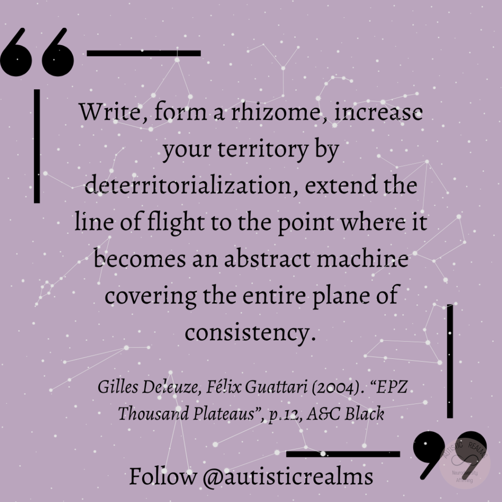 Purple background with constellation behind Text: Write, form a rhizome, increase your territory by deterritorialization, extend the line of flight to the point where it becomes an abstract machine covering the entire plane of consistency. Gilles De'euze, Félix Guattari (2004). "EPZ Thousand Plateaus", p.12, ASC Black