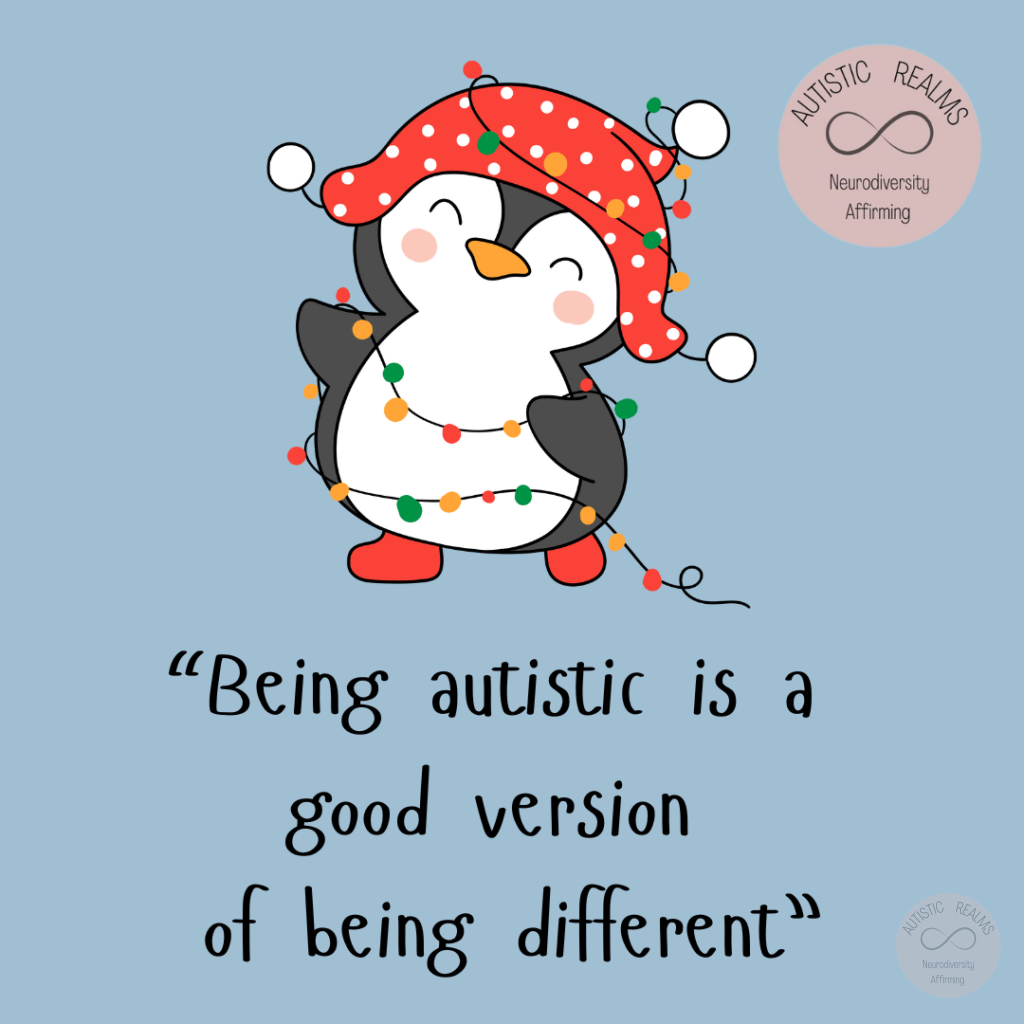 "Being autistic is a good version of being different" Image of a penguin dancing with fairy lights