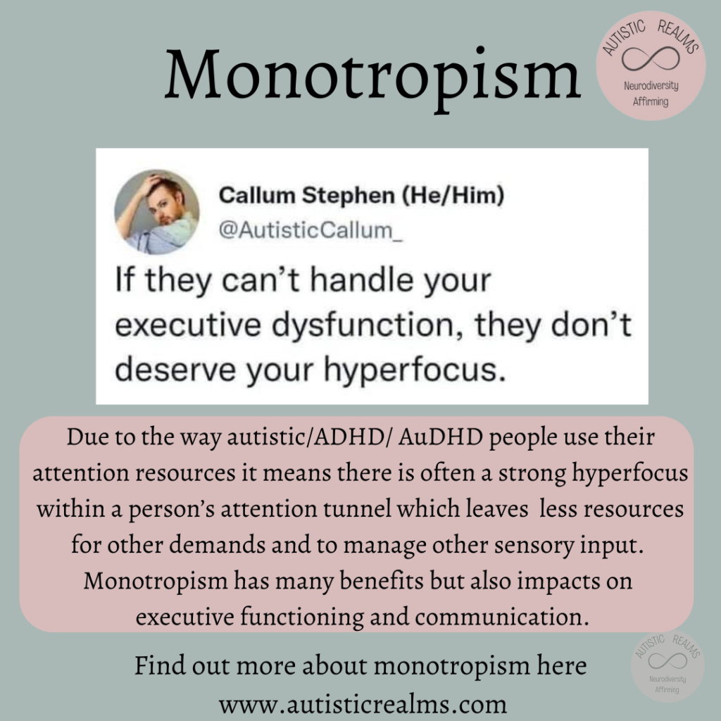 Image of Autistic Callum Social Media text: If they can't handle your executive dysfunction, they don't deserve your hyperfocus. Main text reads in response: Due to the way autistic/ADHD/ AuDHD people use their attention resources it means there is often a strong hyperfocus within a person's attention tunnel which leaves less resources for other demands and to manage other sensory input. Monotropism has many benefits but also impacts on executive functioning and communication. Find out more about monotropism here www.autisticrealms.com