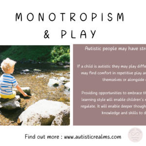 Image of child playing with stick in water Text: MONOTROPISM &PLAY Autistic people may have strong interests If a child is autistic they may play differently to others. They may find comfort in repetitive play and prefer playing by themselves or alongside others. Providing opportunities to embrace their own monotropic learning style will enable children's minds and bodies to regulate. It will enable deeper thought processes and new knowledge and skills to develop.