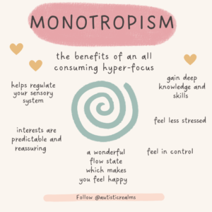 Image of spiral with text reading: MONOTROPISM the benefits of an all consuming hyper-focus helps regulate your sensory system gain deep knowledge and skills feel less stressed interests are predictable and reassuring a wonderful flow state which makes you feel happy feel in control