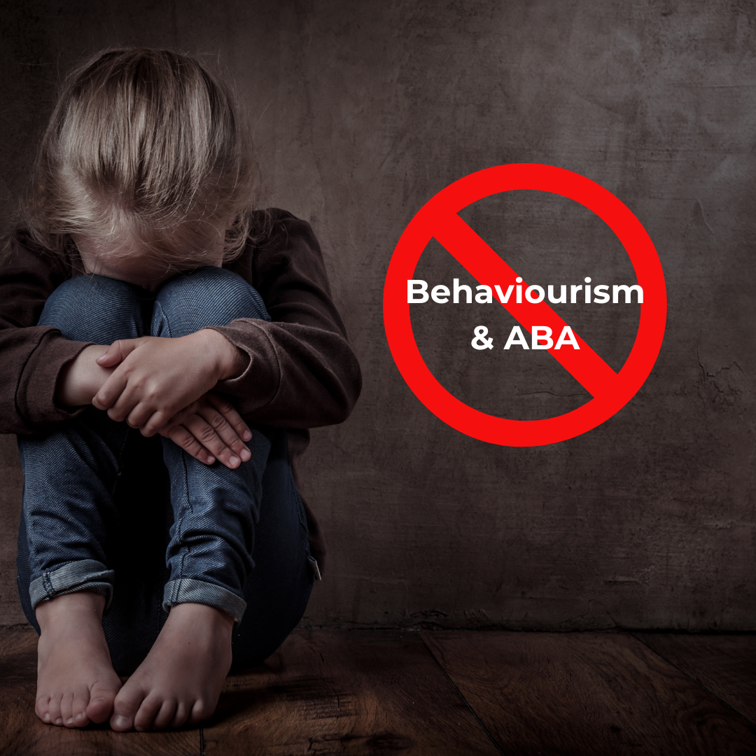 Sad girl sat in dark image by by D-Keine from Getty Images Signature CANVA. NO sign with text Behaviourism & ABA