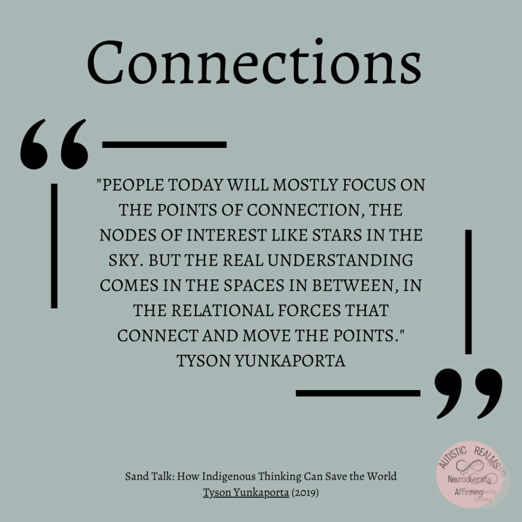 Quote Text reads: Connections • "PEOPLE TODAY WILL MOSTLY FOCUS ON THE POINTS OF CONNECTION, THE NODES OF INTEREST LIKE STARS IN THE SKY. BUT THE REAL UNDERSTANDING COMES IN THE SPACES IN BETWEEN, IN THE RELATIONAL FORCES THAT CONNECT AND MOVE THE POINTS." TYSON YUNKAPORTA Sand Talk: How Indigenous Thinking Can Save the World Tyson Yunkaporta (2019)