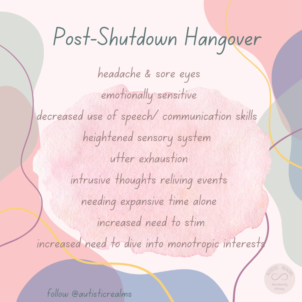 Abstract Pastel Pattern Text: Post-Shutdown Hangover headache & sore eyes emotionally sensitive decreased use of speech/ communication skills heightened sensory system utter exhaustion intrusive thoughts reliving events needing expansive time alone increased need to stim increased need to dive into monotropic interests