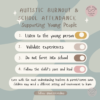 Image of top tips list Text: AUTISTIC BURNOUT & SCHOOL ATTENDANCE Supporting Young People 1. Listen to the young person 2. Validate experiences 3. Do not force into school 4. Follow the child's pace and lead Even with the most understanding teachers & parent/carers some children may need a different setting and environment to learn follow @autisticrealms
