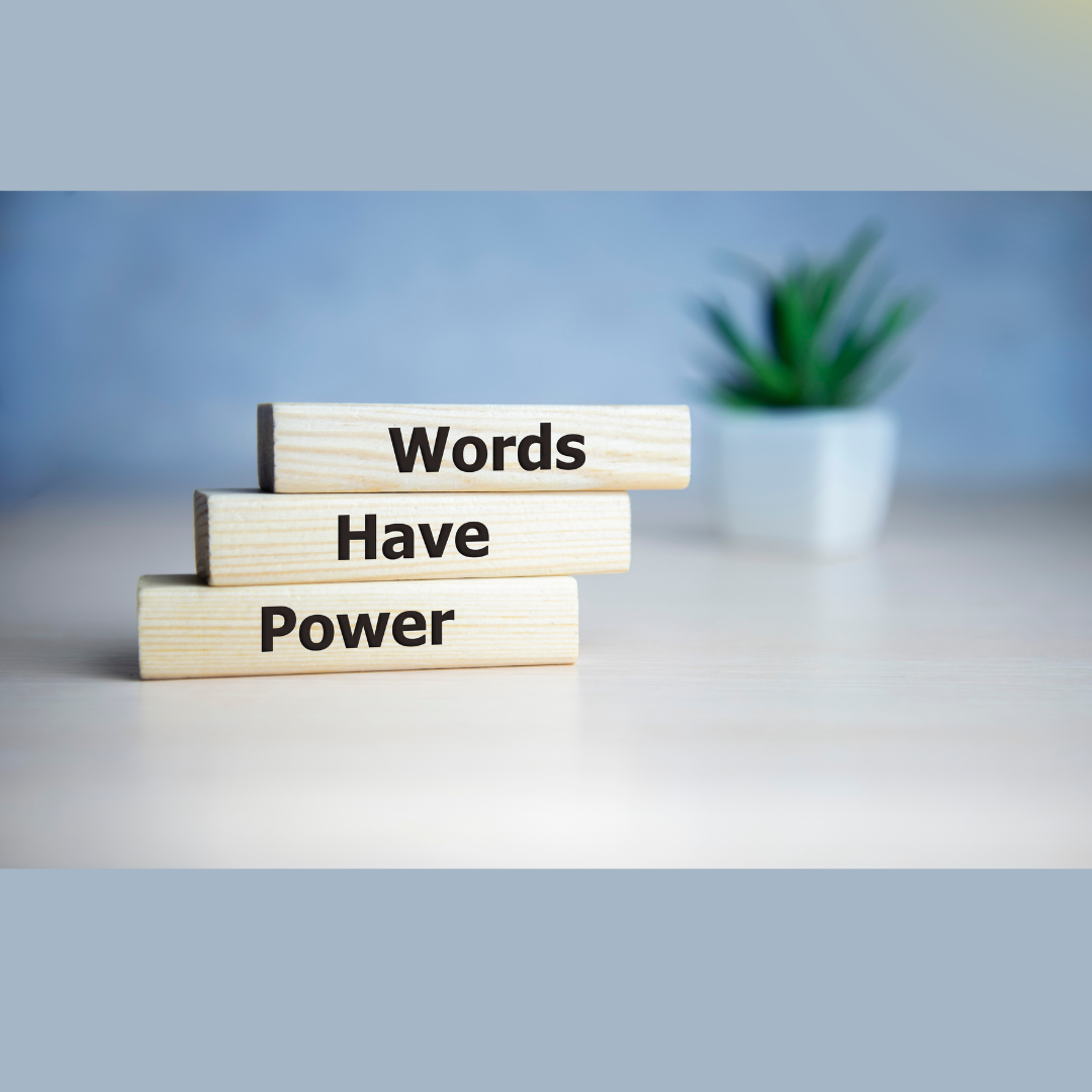 Image of blocks of wood stacked up which say words have power. Soft image of plant behind on a shelf